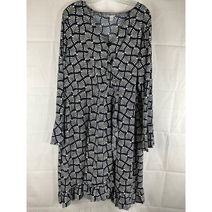Cato Women's Printed V-Neck Long Sleeve Maxi Dress Navy/White Size 18/20 Used
